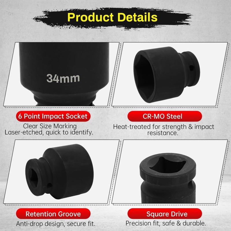 SUNKOO 1/2 Inch Drive 34mm Deep Impact Socket, CR-MO 6 Point Heavy Duty Metric Axle Nut Socket for Easy Removal of Axle and Wheel Hub Nuts - Image 3